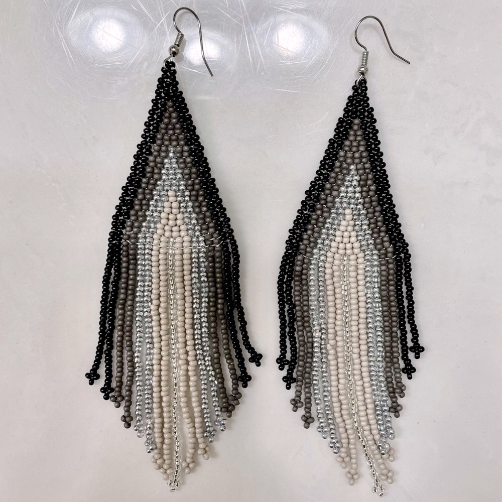 Seed Bead Gray, silver, & black earrings (handmade & Brand New), mid weight